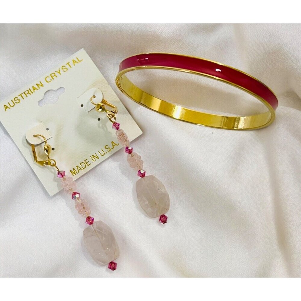Pink Quartz & Crystal Earrings 2.5" Monet Enamel Bangle Bracelet 7.5" Gold Tone